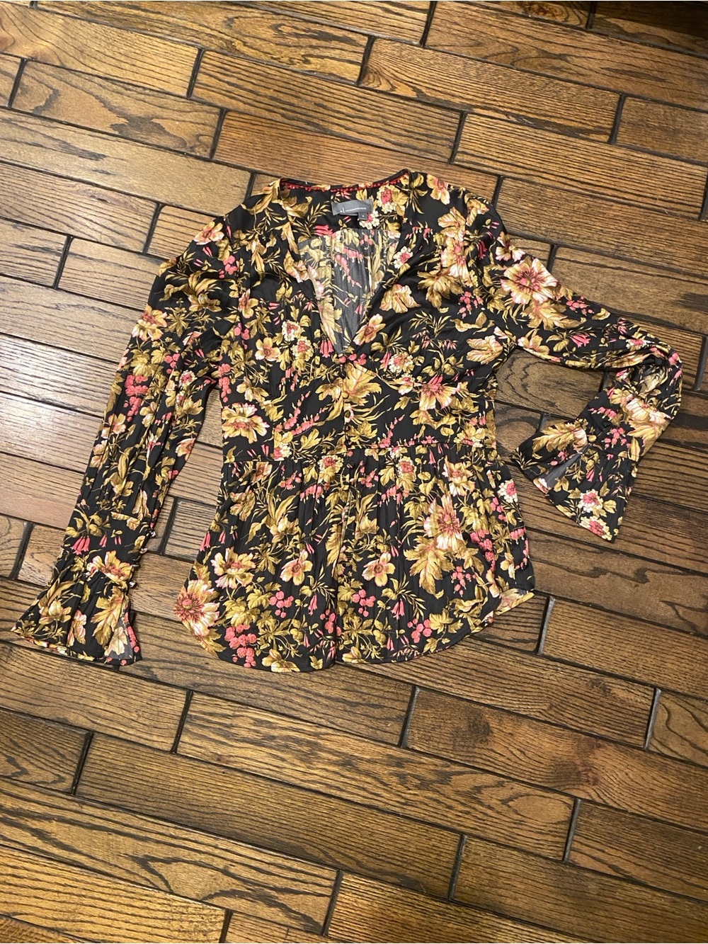 Anthropologie Black Floral V-Neck Peplum Blouse with Gold and Pink Accents
